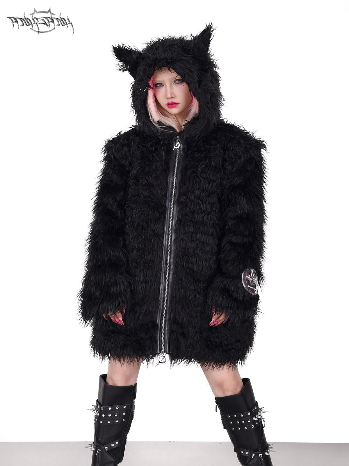PINKSPINK 3d Cat Ear Studded Punk Hooded Women's Thick Faux Fur Fleece Jackets