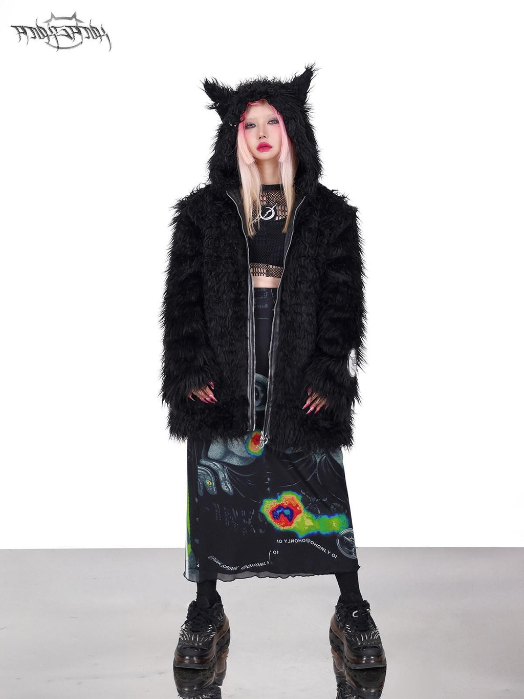 PINKSPINK 3d Cat Ear Studded Punk Hooded Women's Thick Faux Fur Fleece Jackets