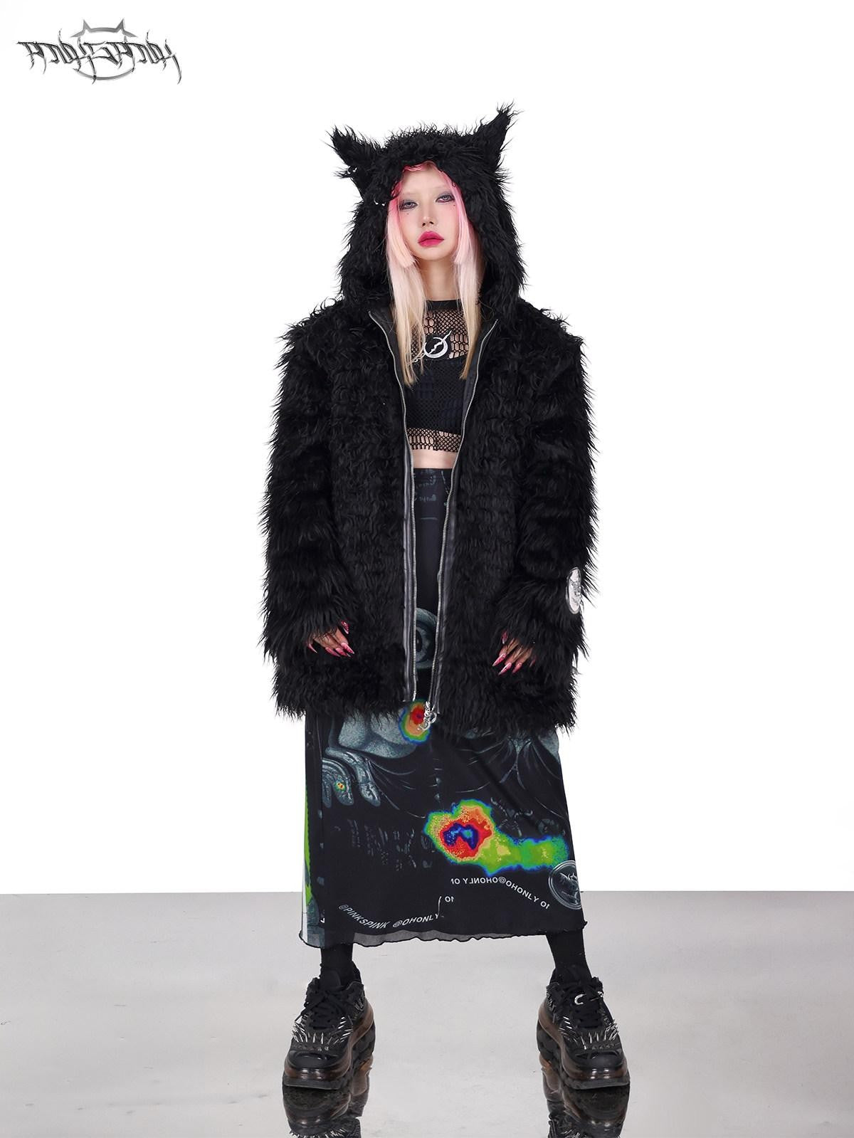 PINKSPINK 3d Cat Ear Studded Punk Hooded Women's Thick Faux Fur Fleece Jackets