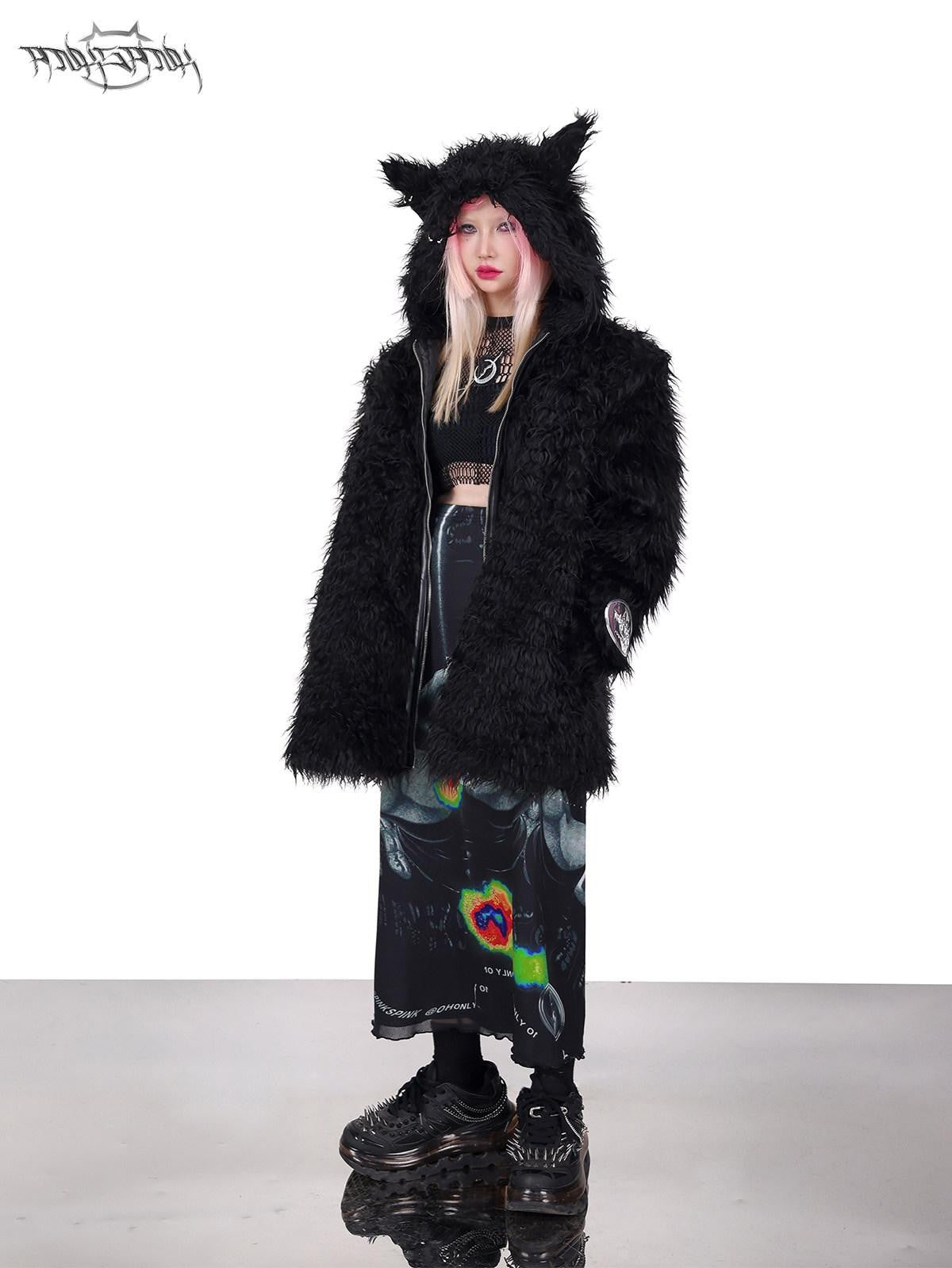 PINKSPINK 3d Cat Ear Studded Punk Hooded Women's Thick Faux Fur Fleece Jackets