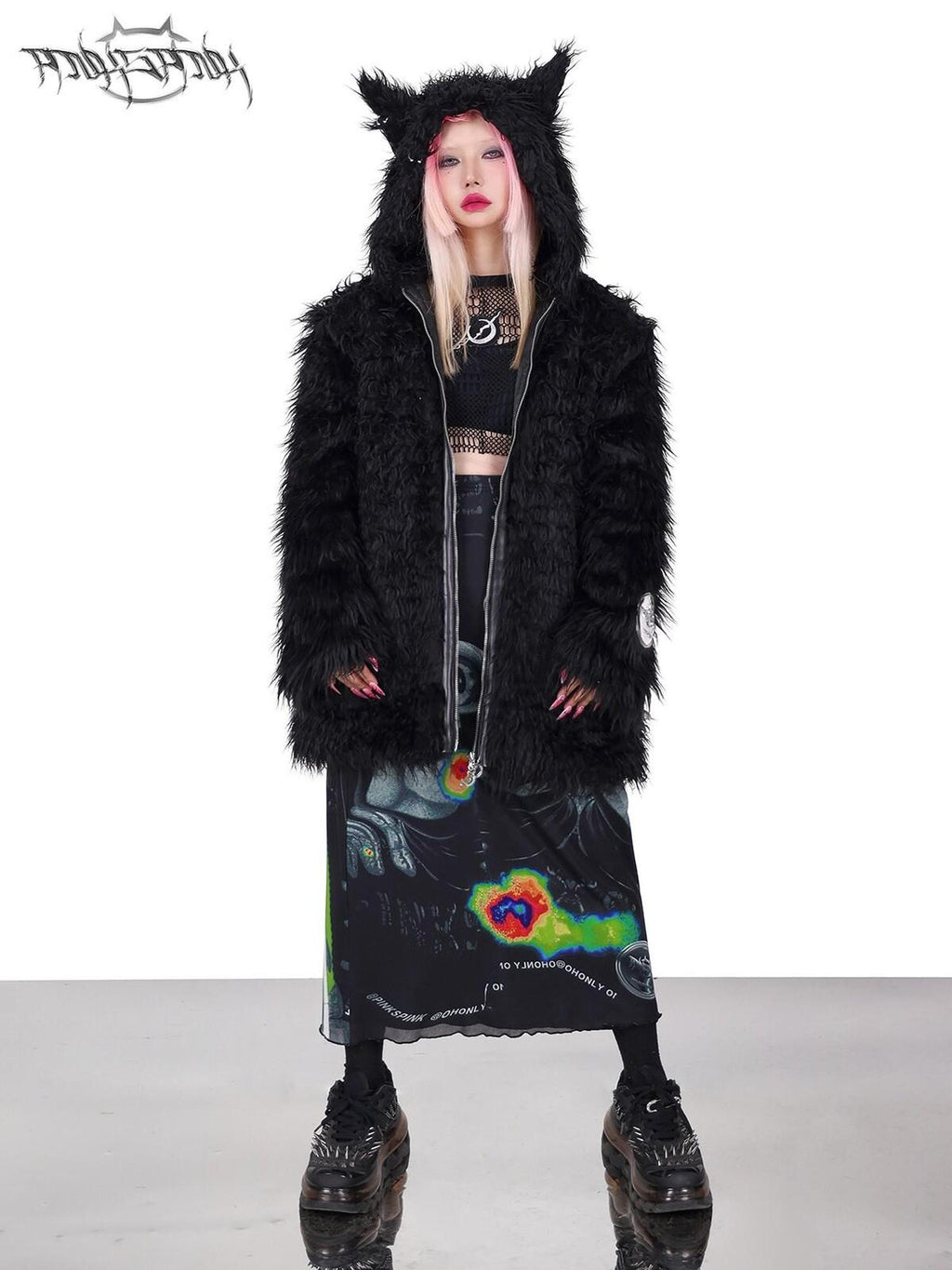 PINKSPINK 3d Cat Ear Studded Punk Hooded Women's Thick Faux Fur Fleece Jackets