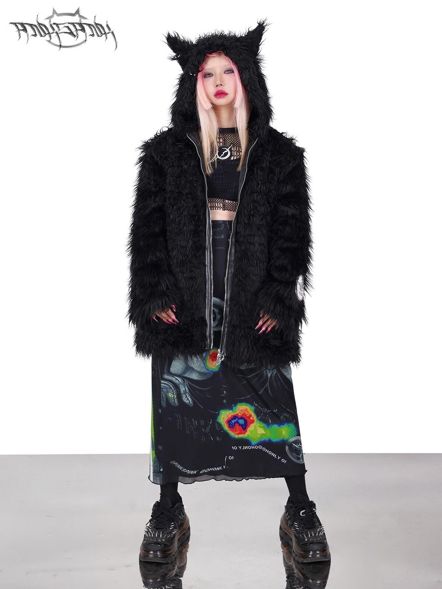 PINKSPINK 3d Cat Ear Studded Punk Hooded Women's Thick Faux Fur Fleece Jackets