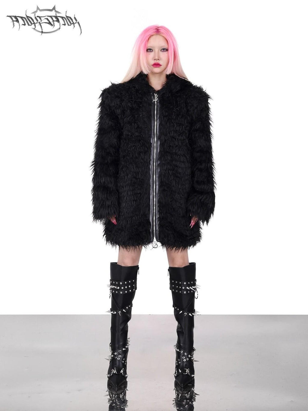 PINKSPINK 3d Cat Ear Studded Punk Hooded Women's Thick Faux Fur Fleece Jackets