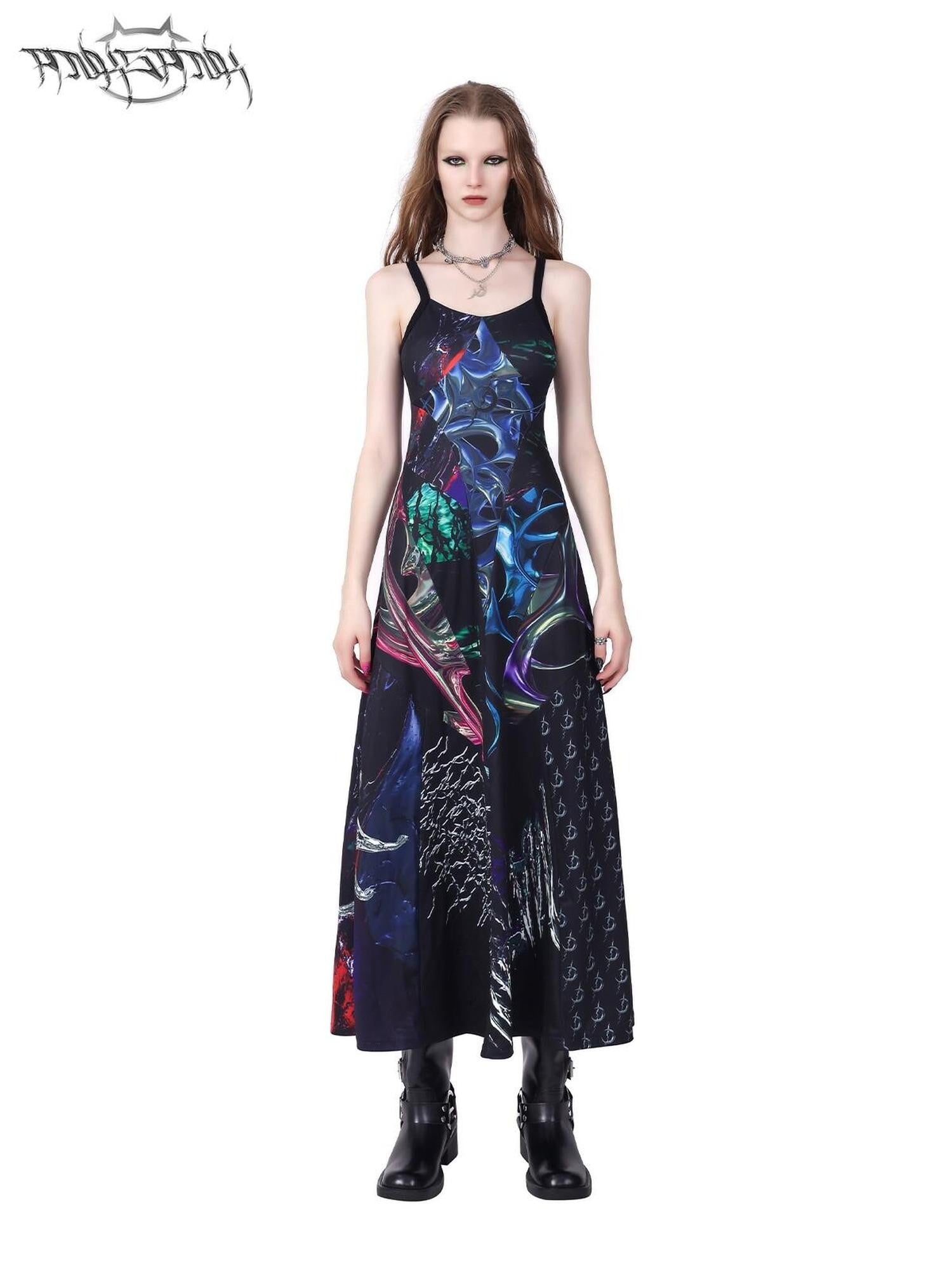 PINKSPINK 3d Cutout Digital Letter Print Y2k Women's Polyester Slip Maxi Dresses
