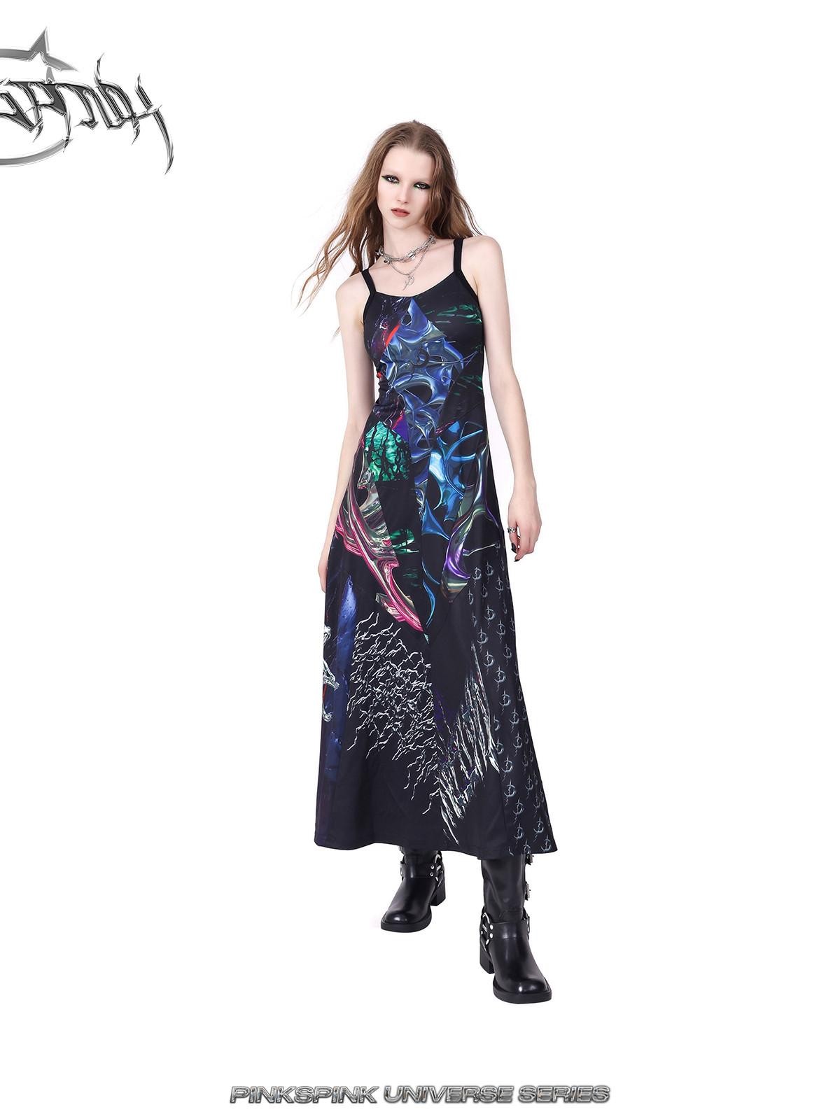 PINKSPINK 3d Cutout Digital Letter Print Y2k Women's Polyester Slip Maxi Dresses