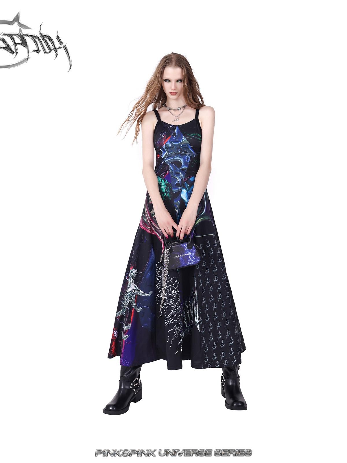 PINKSPINK 3d Cutout Digital Letter Print Y2k Women's Polyester Slip Maxi Dresses