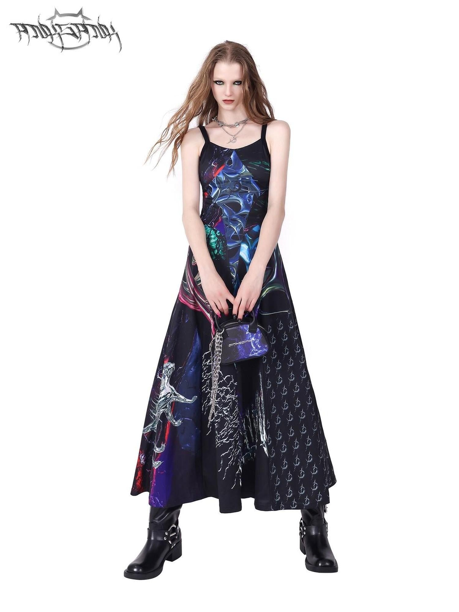 PINKSPINK 3d Cutout Digital Letter Print Y2k Women's Polyester Slip Maxi Dresses