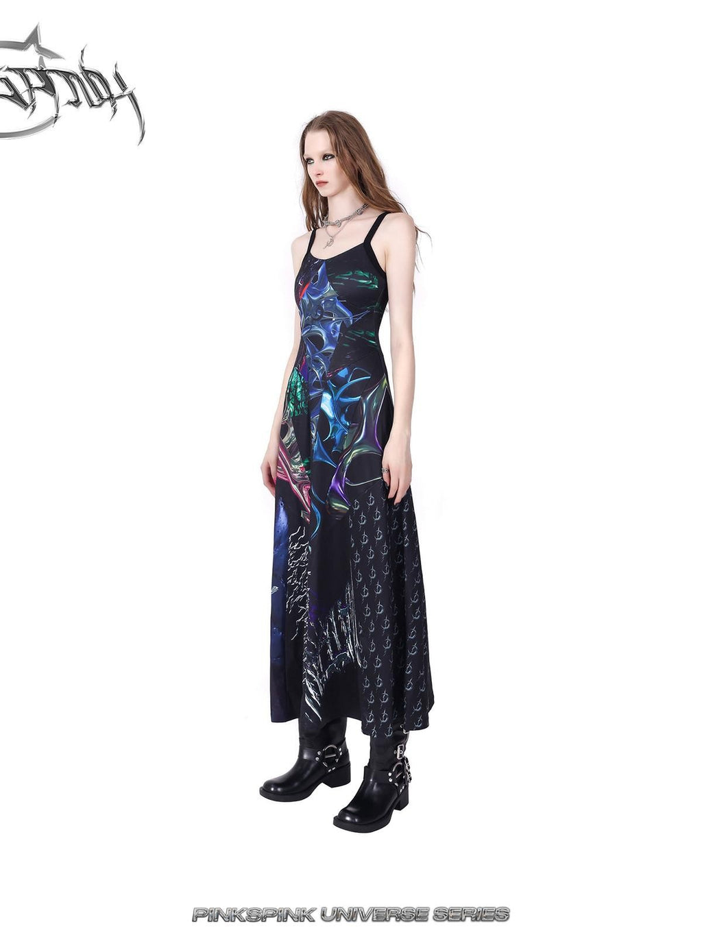 PINKSPINK 3d Cutout Digital Letter Print Y2k Women's Polyester Slip Maxi Dresses