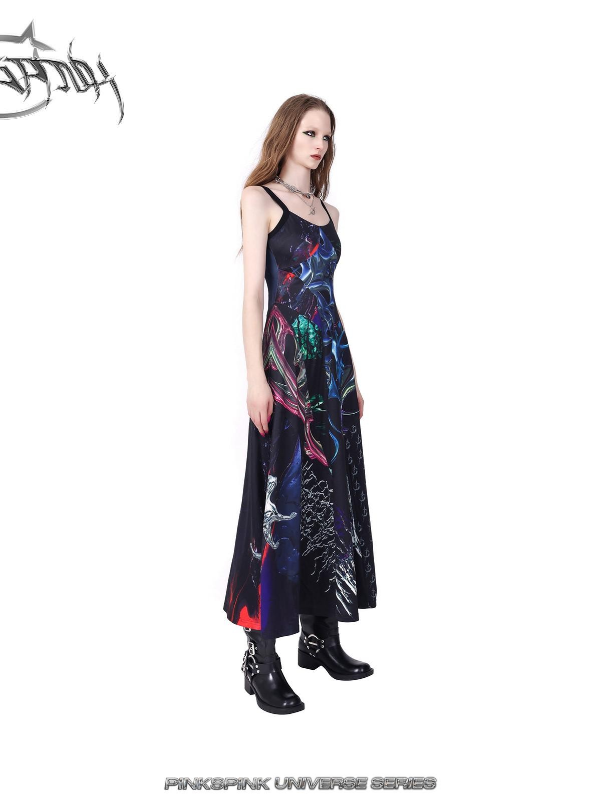 PINKSPINK 3d Cutout Digital Letter Print Y2k Women's Polyester Slip Maxi Dresses