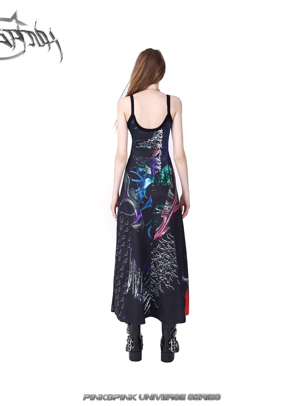 PINKSPINK 3d Cutout Digital Letter Print Y2k Women's Polyester Slip Maxi Dresses