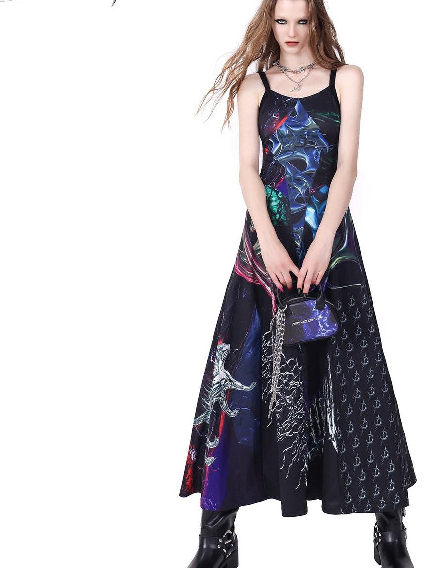 PINKSPINK 3d Cutout Letter Print Y2k Futuristic Women's Polyester Slip Maxi Dresses