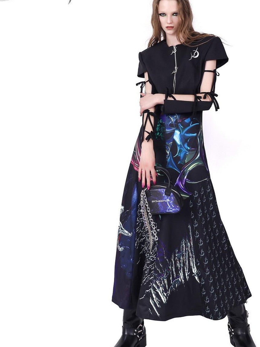 PINKSPINK 3d Cutout Letter Print Y2k Futuristic Women's Polyester Slip Maxi Dresses
