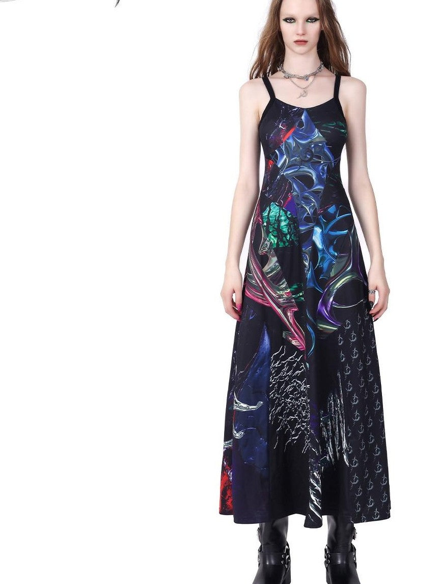 PINKSPINK 3d Cutout Letter Print Y2k Futuristic Women's Polyester Slip Maxi Dresses