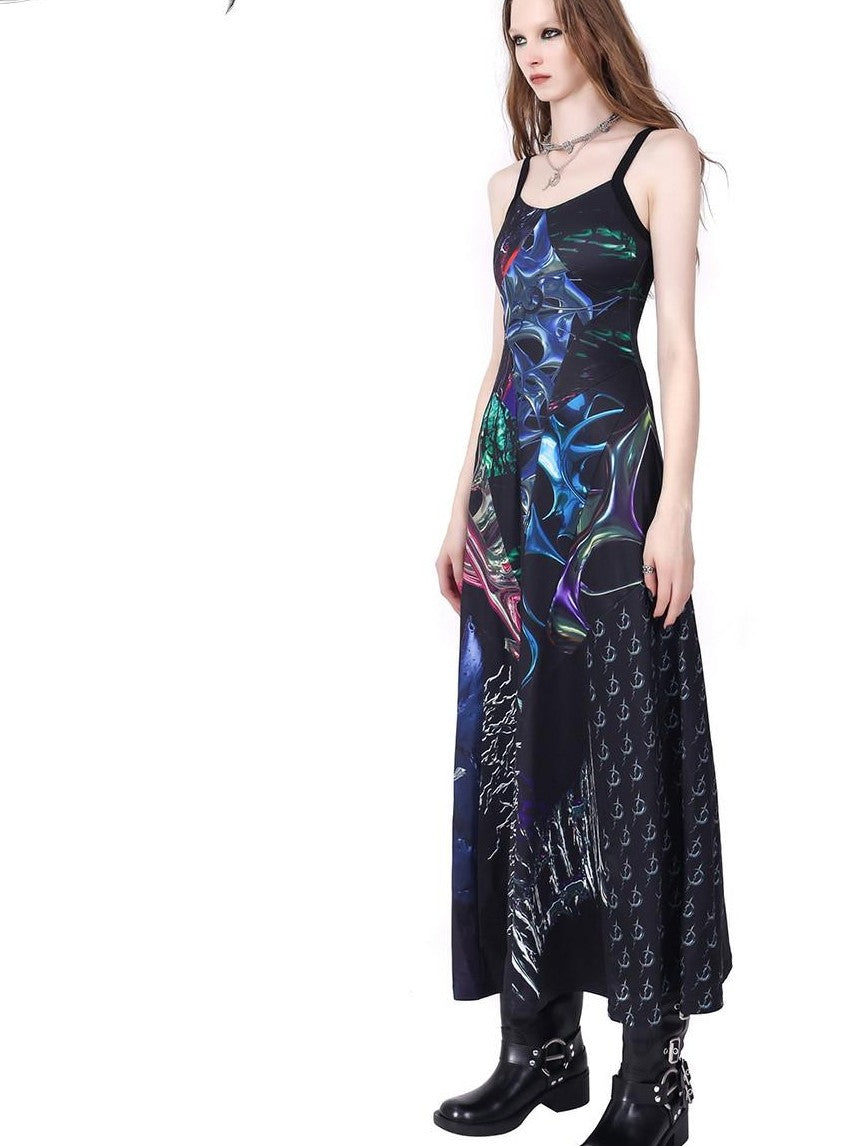 PINKSPINK 3d Cutout Letter Print Y2k Futuristic Women's Polyester Slip Maxi Dresses