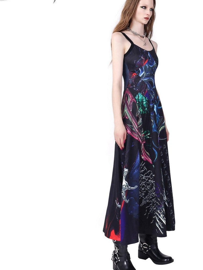 PINKSPINK 3d Cutout Letter Print Y2k Futuristic Women's Polyester Slip Maxi Dresses