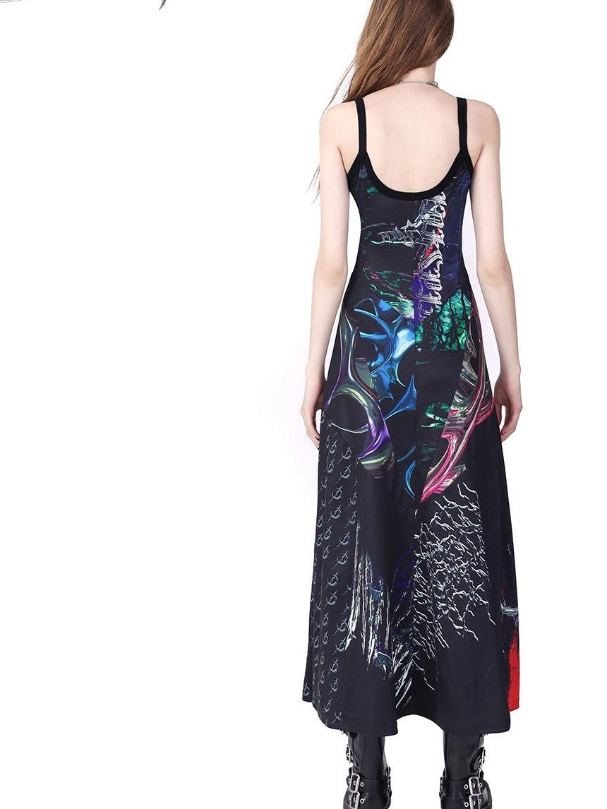 PINKSPINK 3d Cutout Letter Print Y2k Futuristic Women's Polyester Slip Maxi Dresses