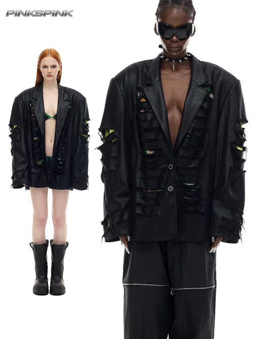 PINKSPINK 3d Distressed Coated Punk Loose Fit Women's Synthetic Blazers