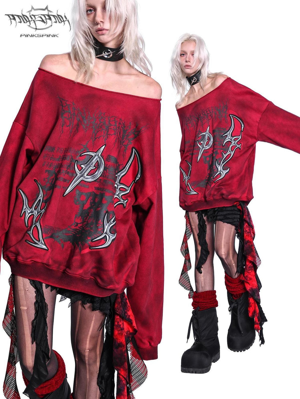 PINKSPINK 3d Embroidered Asymmetric One Shoulder Distressed Punk Y2k Women's Sweatshirts