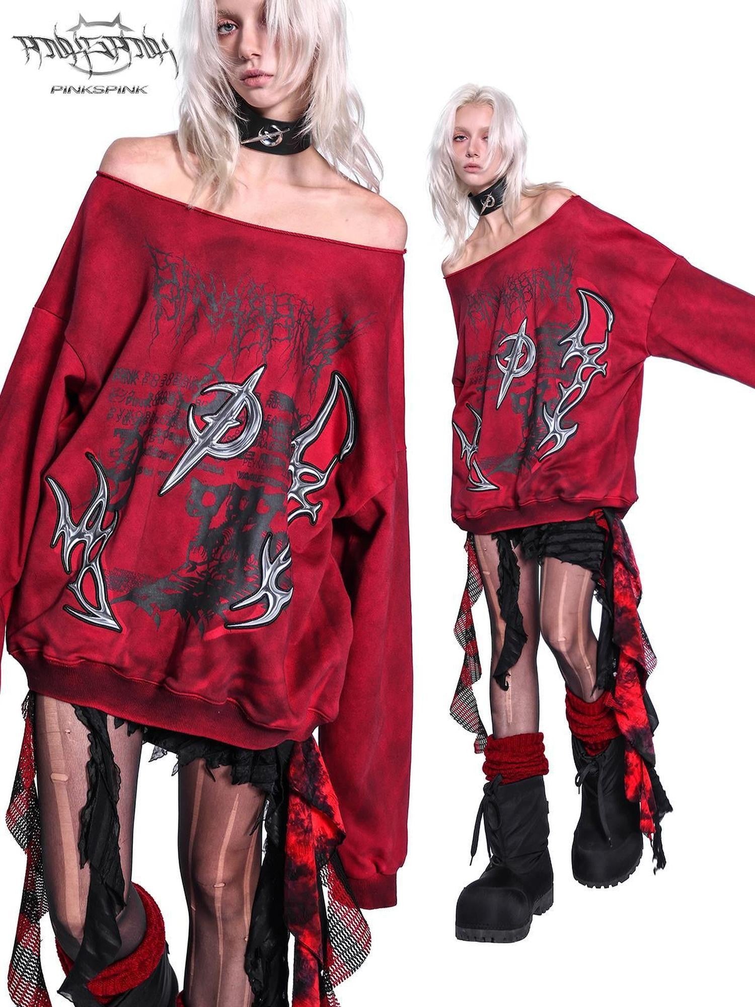 PINKSPINK 3d Embroidered Asymmetric One Shoulder Distressed Punk Y2k Women's Sweatshirts