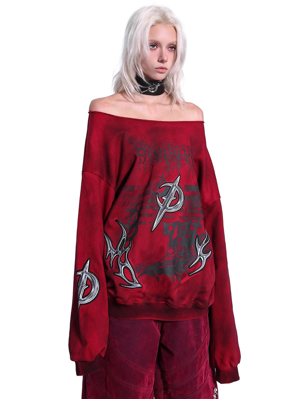PINKSPINK 3d Embroidered Asymmetric One Shoulder Distressed Punk Y2k Women's Sweatshirts