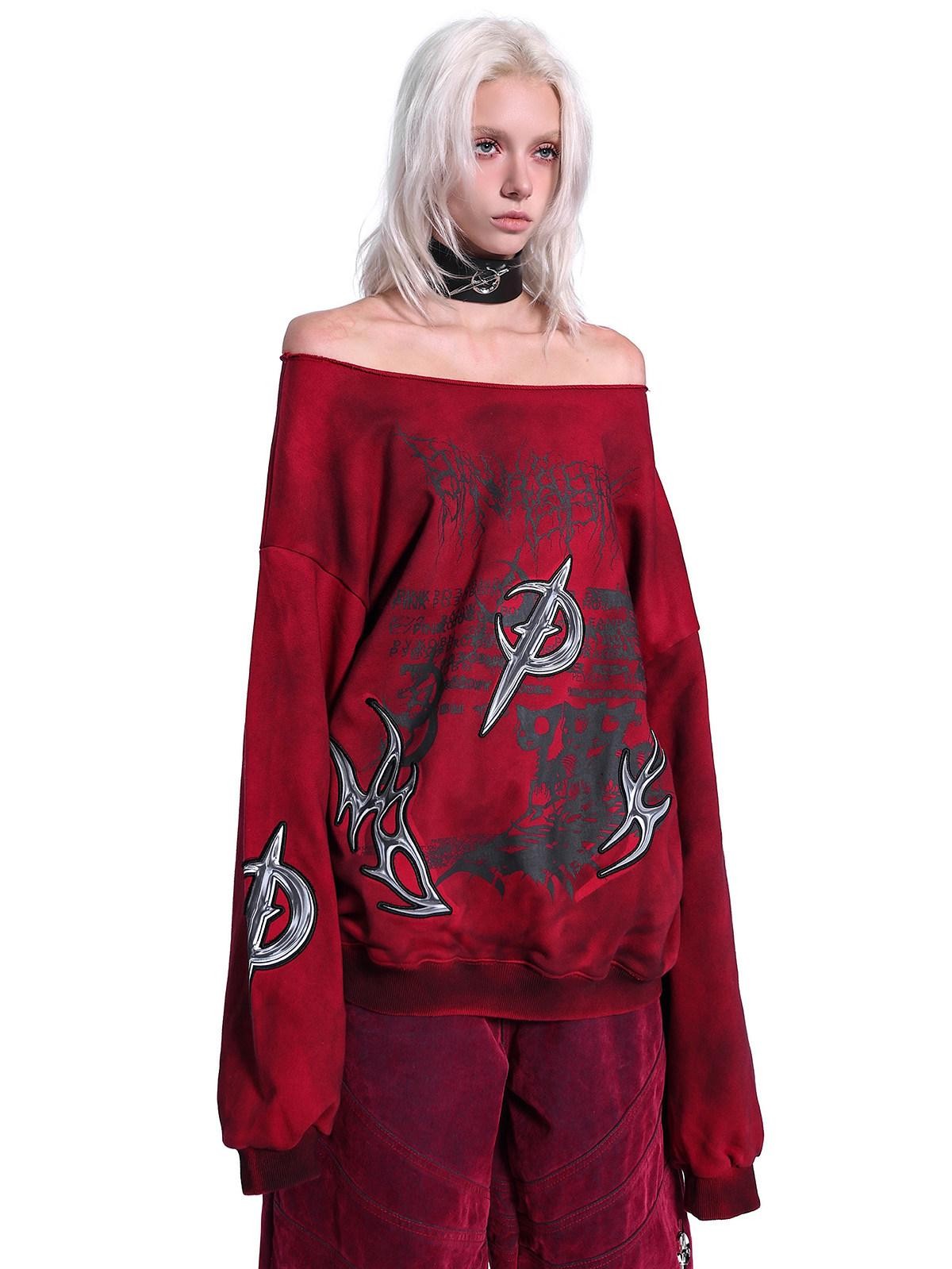 PINKSPINK 3d Embroidered Asymmetric One Shoulder Distressed Punk Y2k Women's Sweatshirts