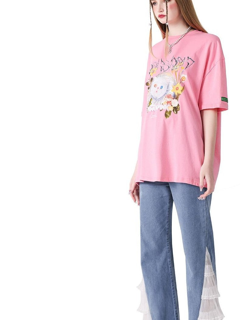 PINKSPINK 3d Garfield Cat Print Text Loose Women's Short Sleeve T-shirts
