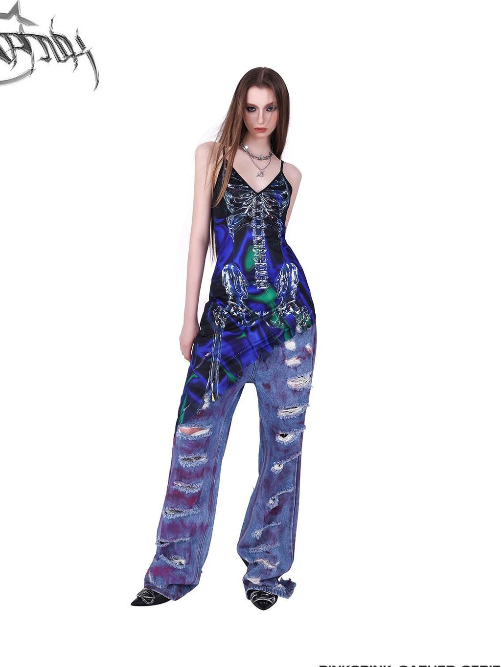 PINKSPINK 3d Skeleton Print Irregular Ripped Asymmetrical Women's Cotton Slip Midi Dresses