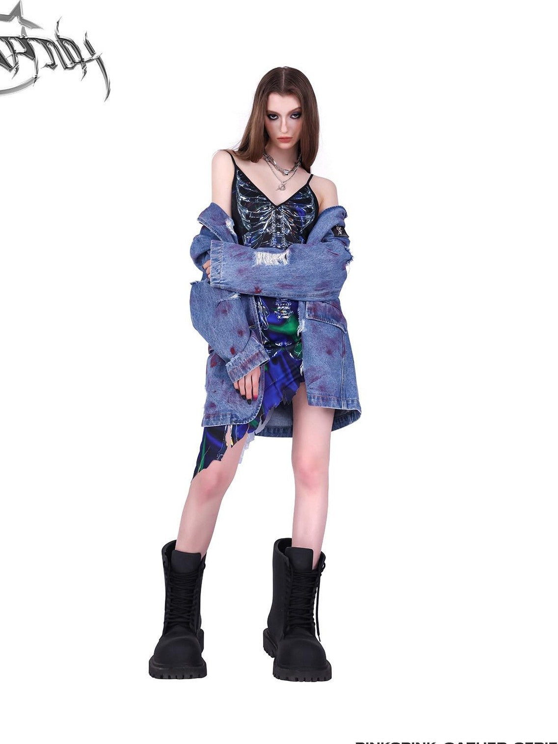 PINKSPINK 3d Skeleton Print Irregular Ripped Asymmetrical Women's Cotton Slip Midi Dresses