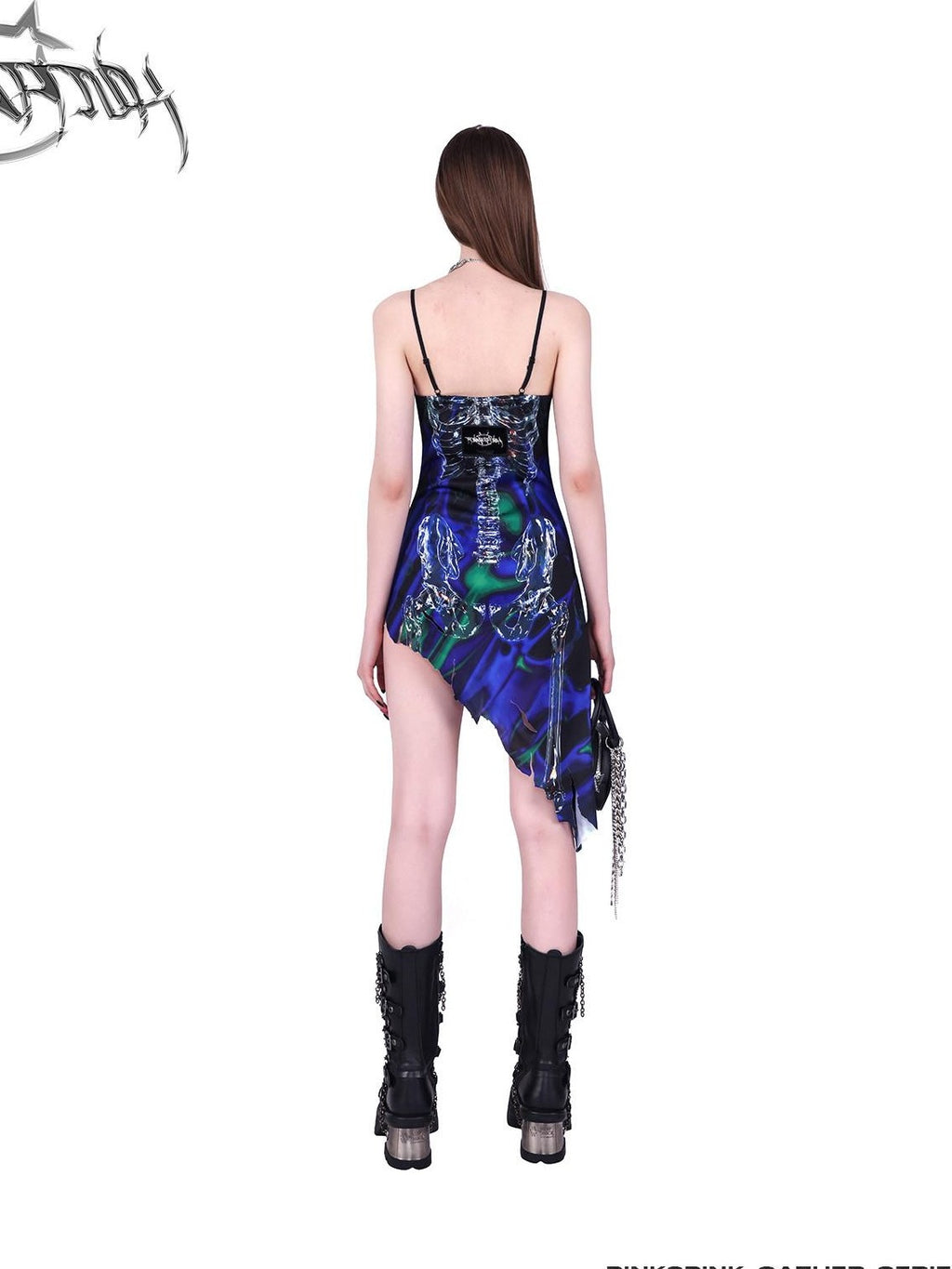 PINKSPINK 3d Skeleton Print Irregular Ripped Asymmetrical Women's Cotton Slip Midi Dresses