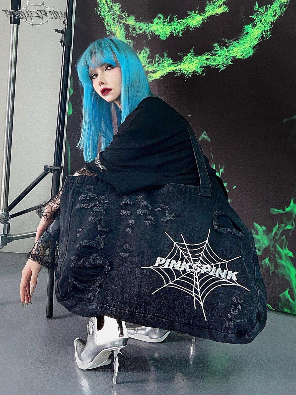 PINKSPINK 3d Spiderweb Embroidered Distressed Women's Denim Cross Body Bags