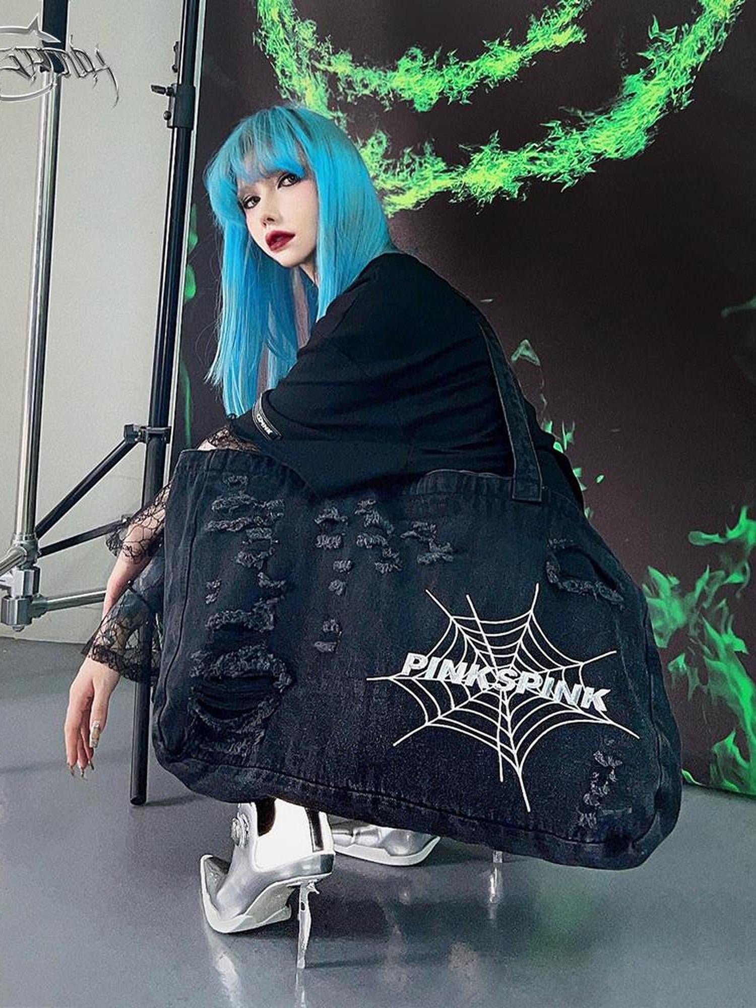PINKSPINK 3d Spiderweb Embroidered Distressed Women's Denim Cross Body Bags