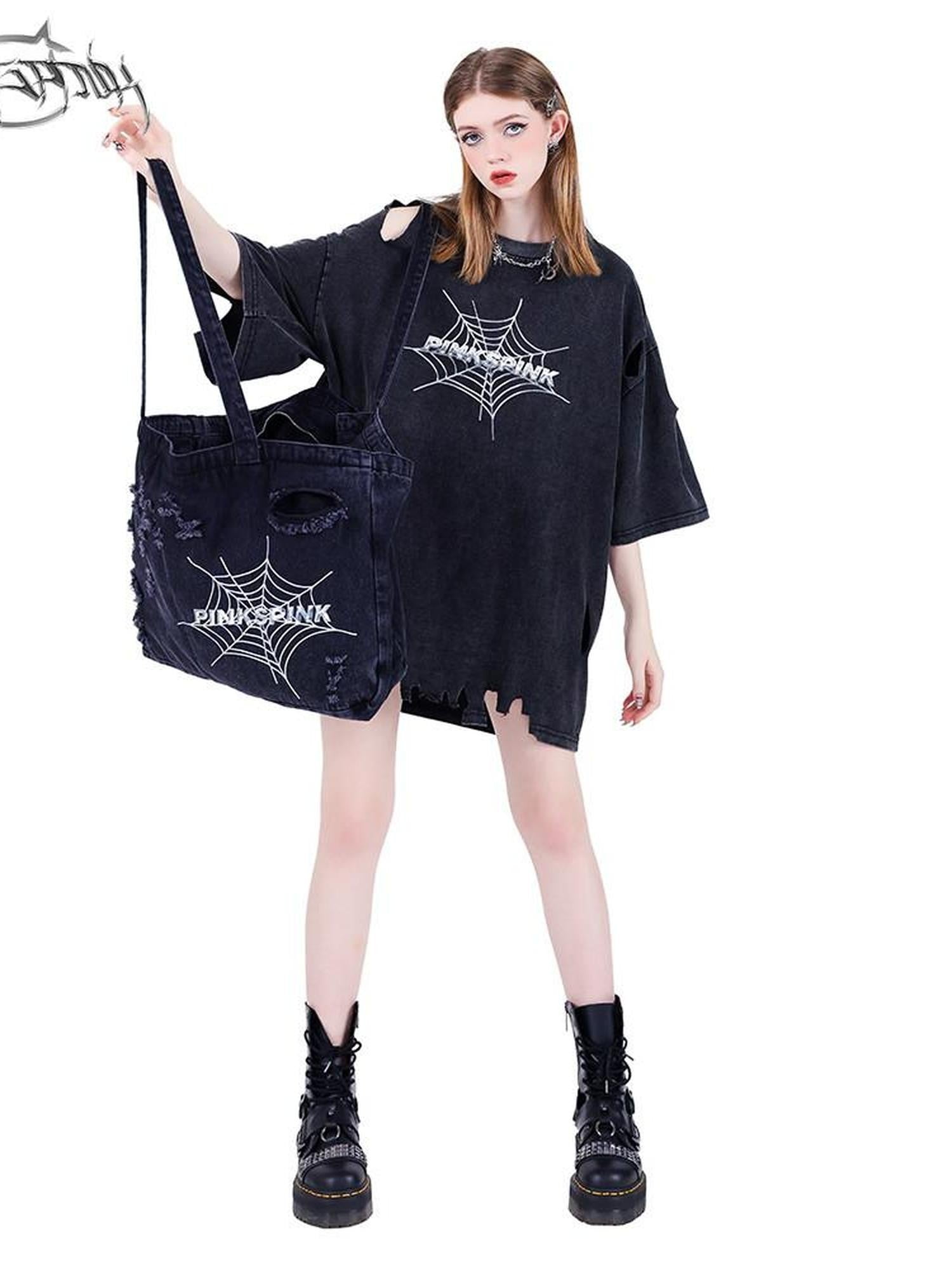 PINKSPINK 3d Spiderweb Embroidered Distressed Women's Denim Cross Body Bags