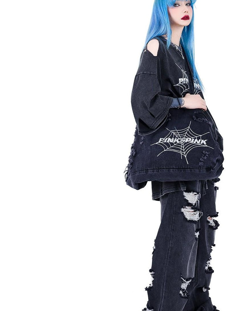 PINKSPINK 3d Spiderweb Embroidered Distressed Women's Denim Cross Body Bags