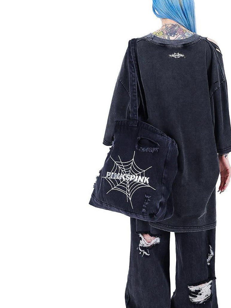 PINKSPINK 3d Spiderweb Embroidered Distressed Women's Denim Cross Body Bags