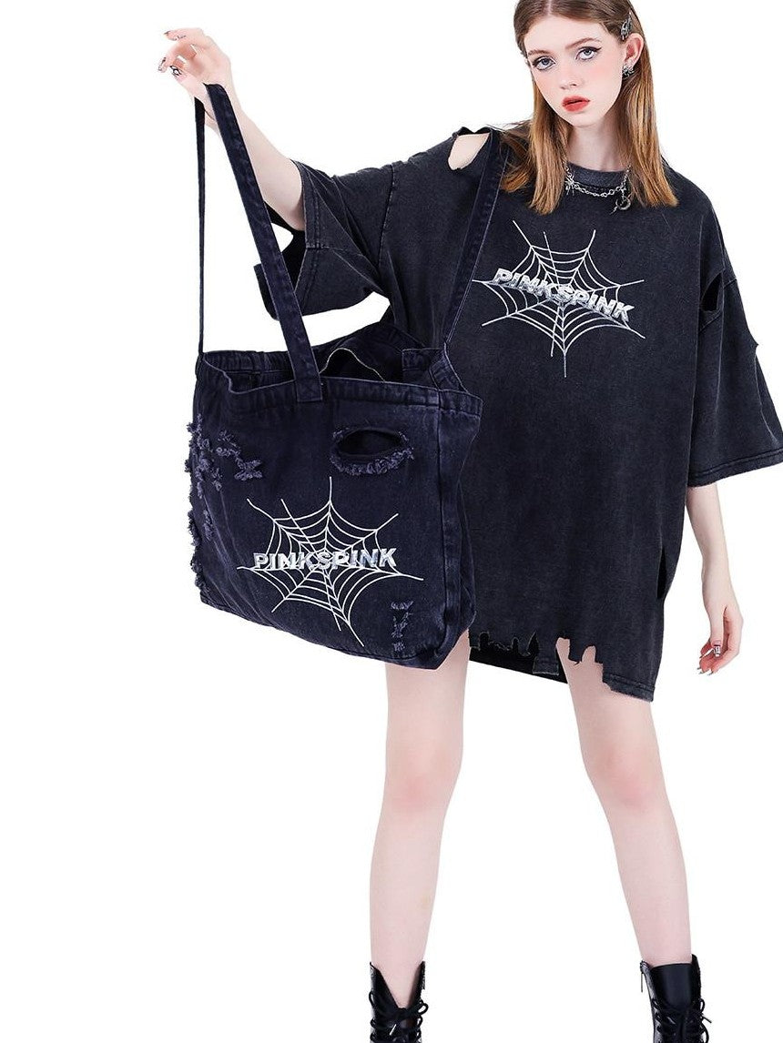 PINKSPINK 3d Spiderweb Embroidered Distressed Women's Denim Cross Body Bags