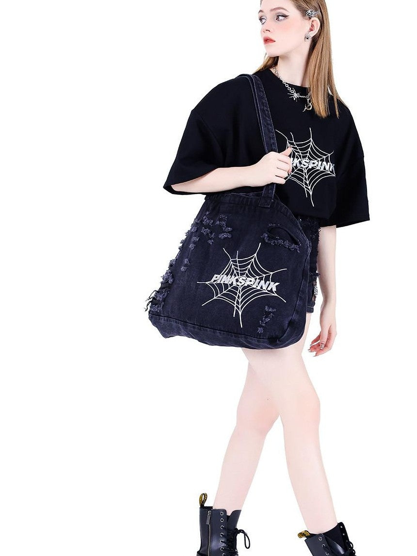 PINKSPINK 3d Spiderweb Graphic Print Street Hip Hop Women's Oversized T-shirts