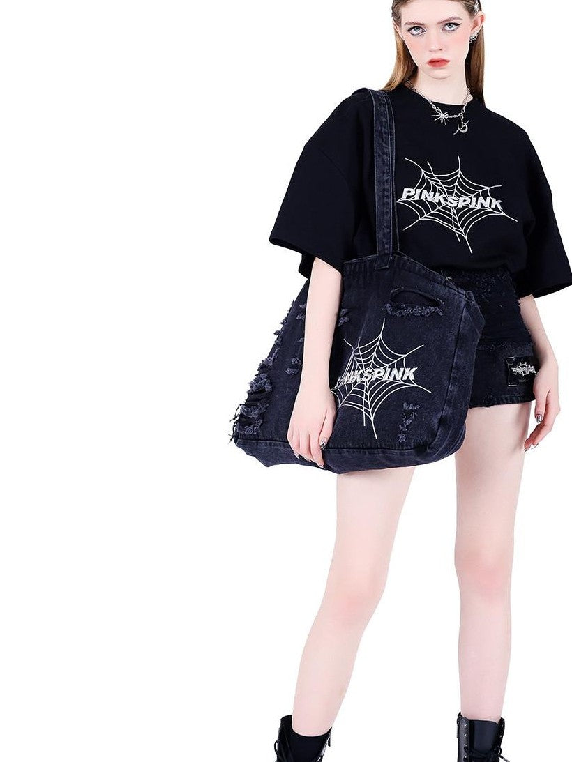 PINKSPINK 3d Spiderweb Graphic Print Street Hip Hop Women's Oversized T-shirts