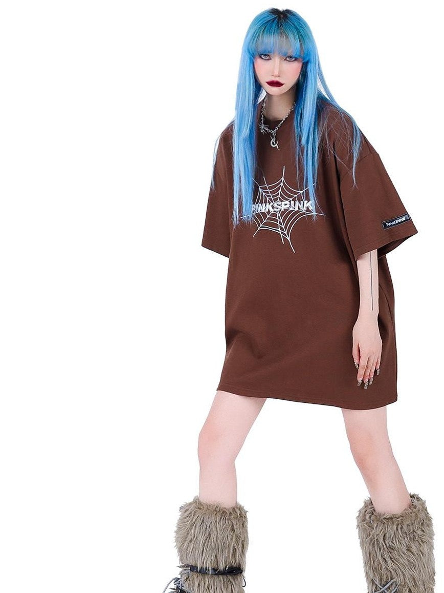 PINKSPINK 3d Spiderweb Graphic Print Street Hip Hop Women's Oversized T-shirts