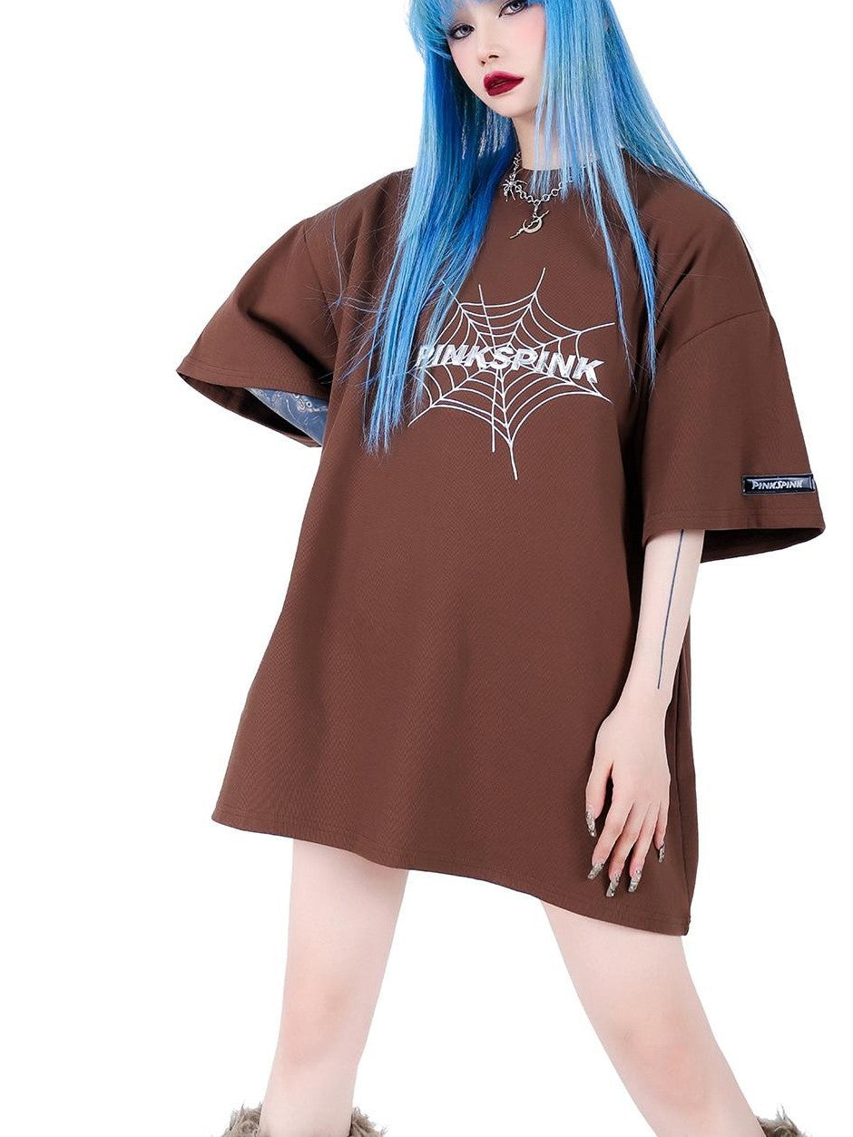 PINKSPINK 3d Spiderweb Graphic Print Street Hip Hop Women's Oversized T-shirts