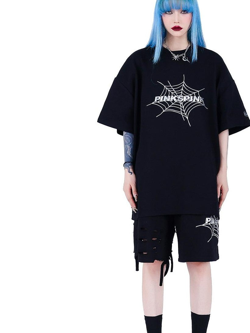 PINKSPINK 3d Spiderweb Graphic Print Street Hip Hop Women's Oversized T-shirts
