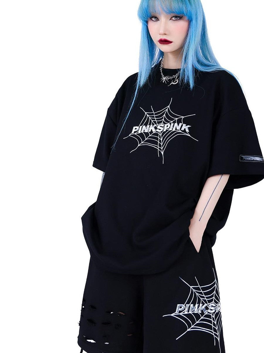 PINKSPINK 3d Spiderweb Graphic Print Street Hip Hop Women's Oversized T-shirts