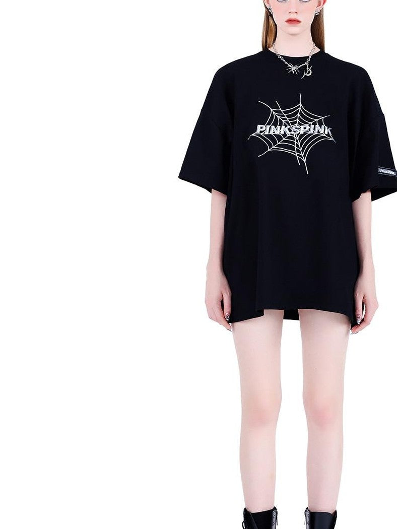 PINKSPINK 3d Spiderweb Graphic Print Street Hip Hop Women's Oversized T-shirts
