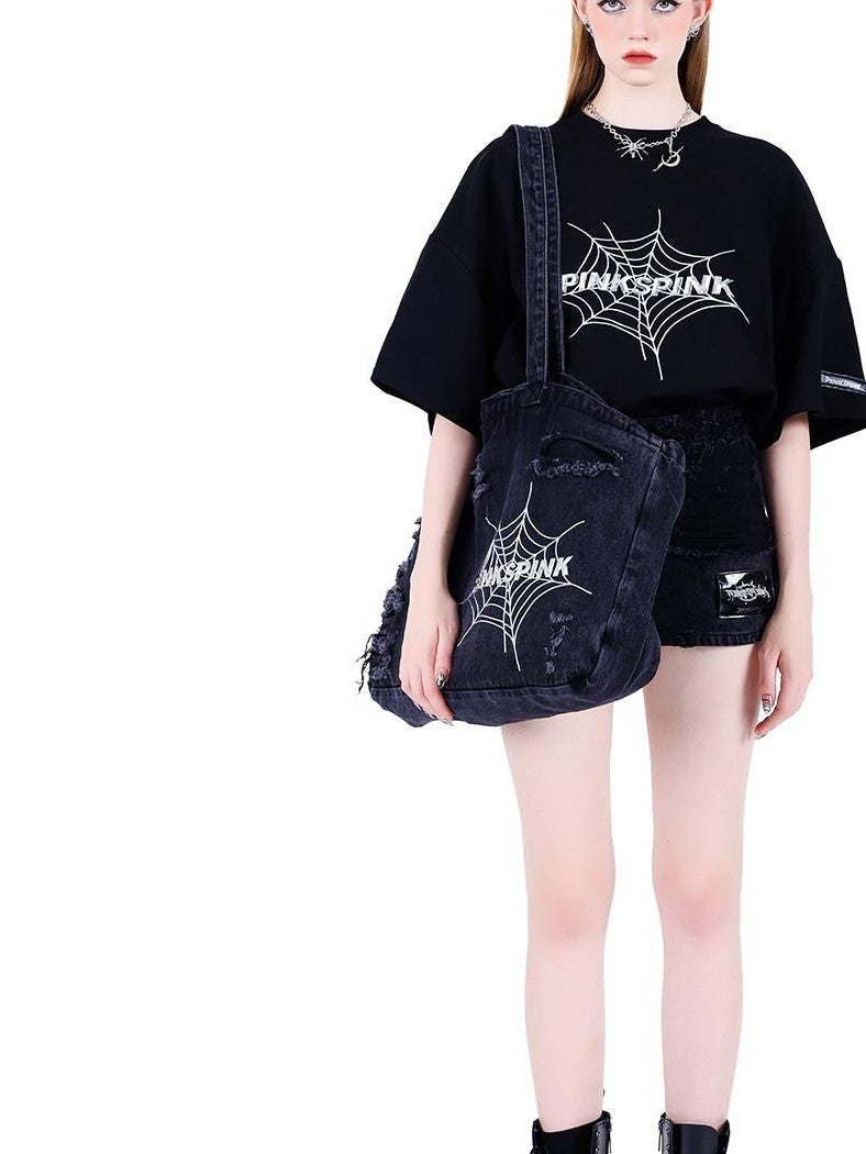PINKSPINK 3d Spiderweb Graphic Print Street Hip Hop Women's Oversized T-shirts