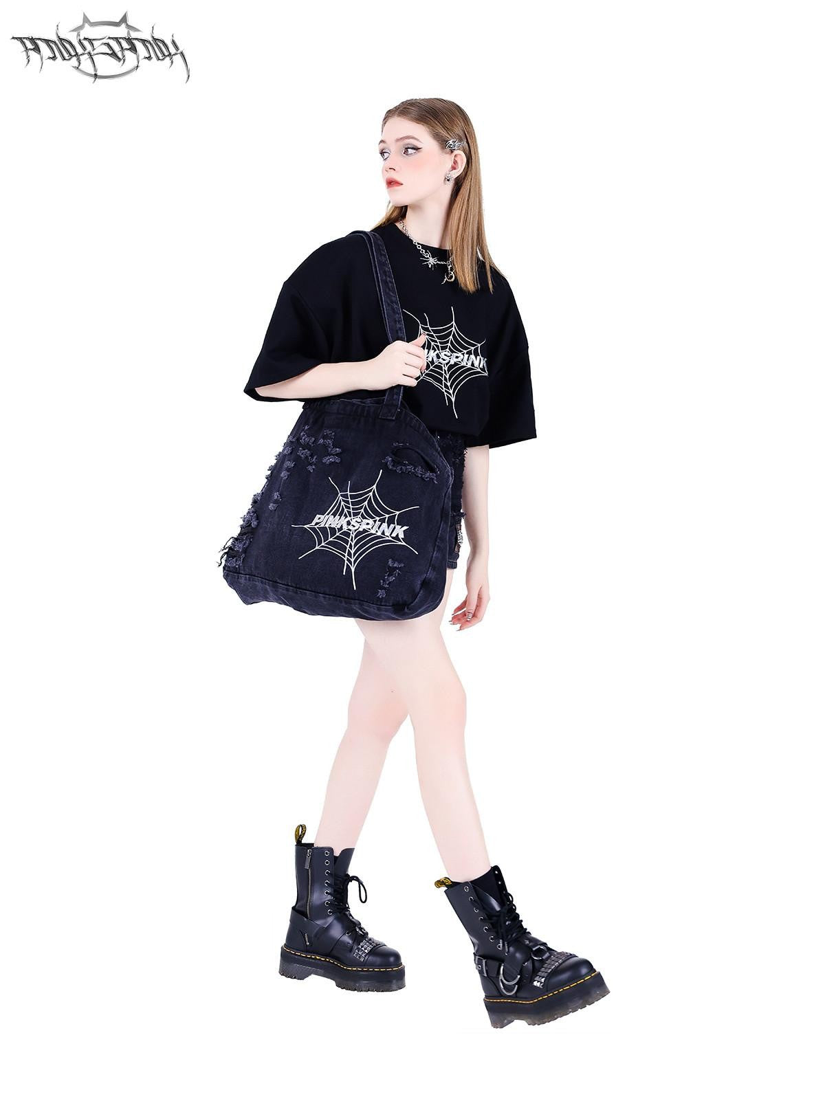 PINKSPINK 3d Spiderweb Text Print Street Hip Hop Women's Oversized T-shirts