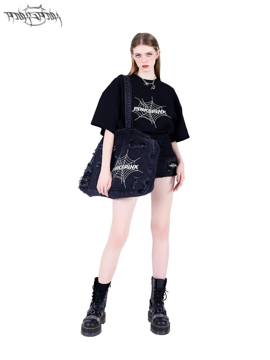 PINKSPINK 3d Spiderweb Text Print Street Hip Hop Women's Oversized T-shirts