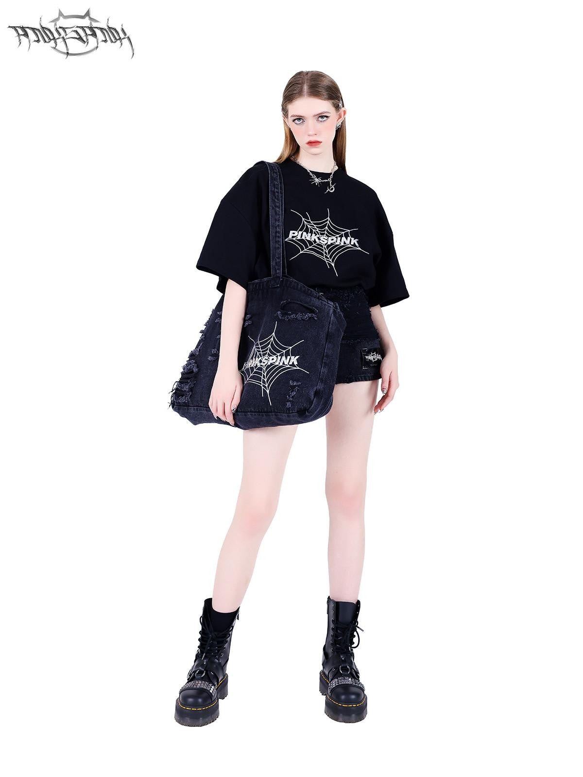 PINKSPINK 3d Spiderweb Text Print Street Hip Hop Women's Oversized T-shirts