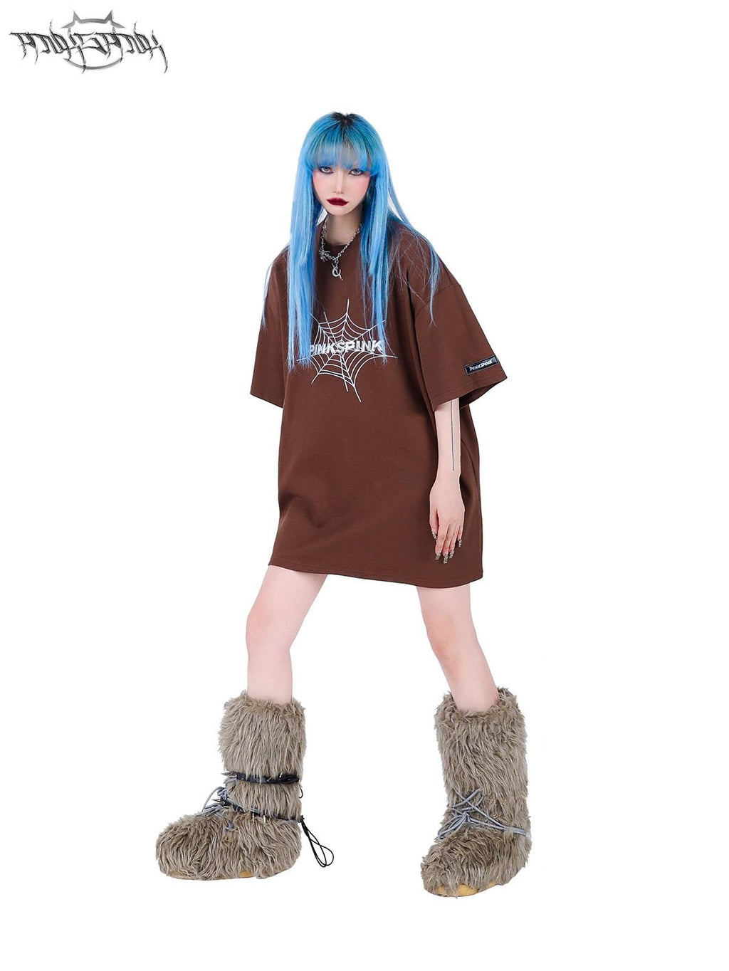 PINKSPINK 3d Spiderweb Text Print Street Hip Hop Women's Oversized T-shirts