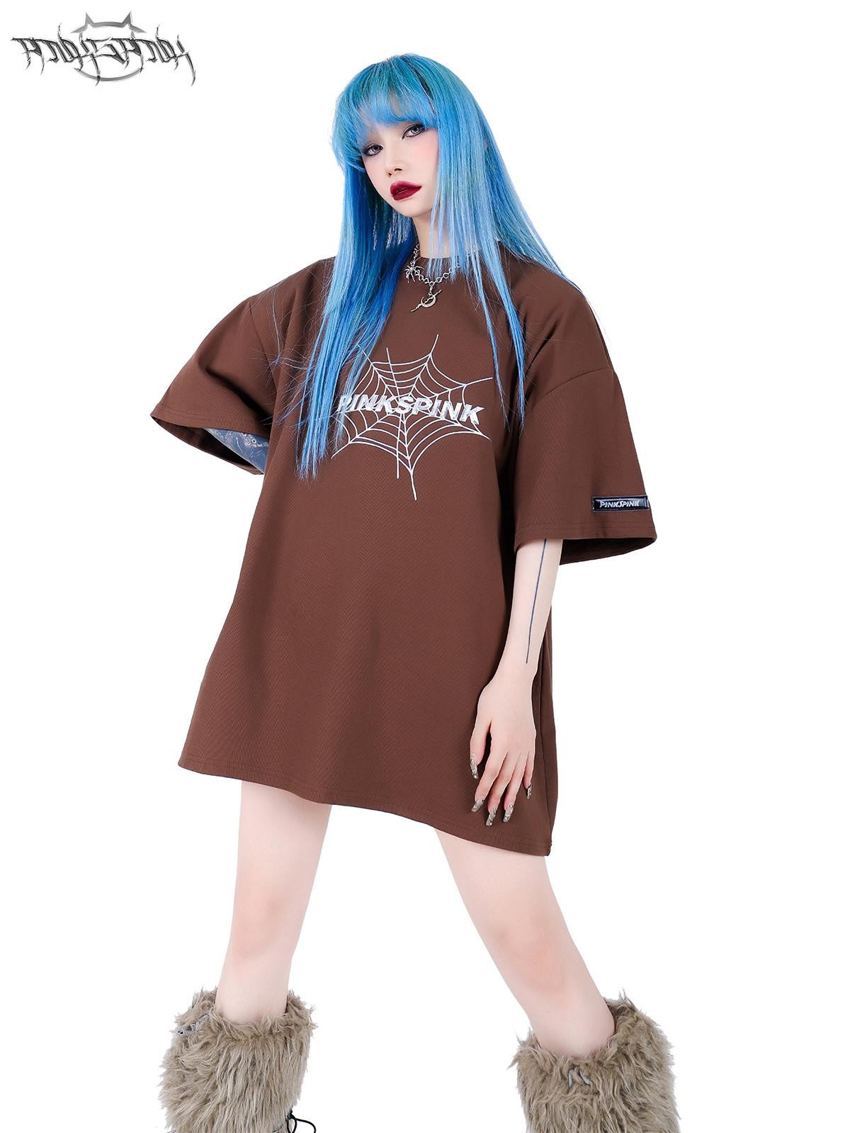 PINKSPINK 3d Spiderweb Text Print Street Hip Hop Women's Oversized T-shirts