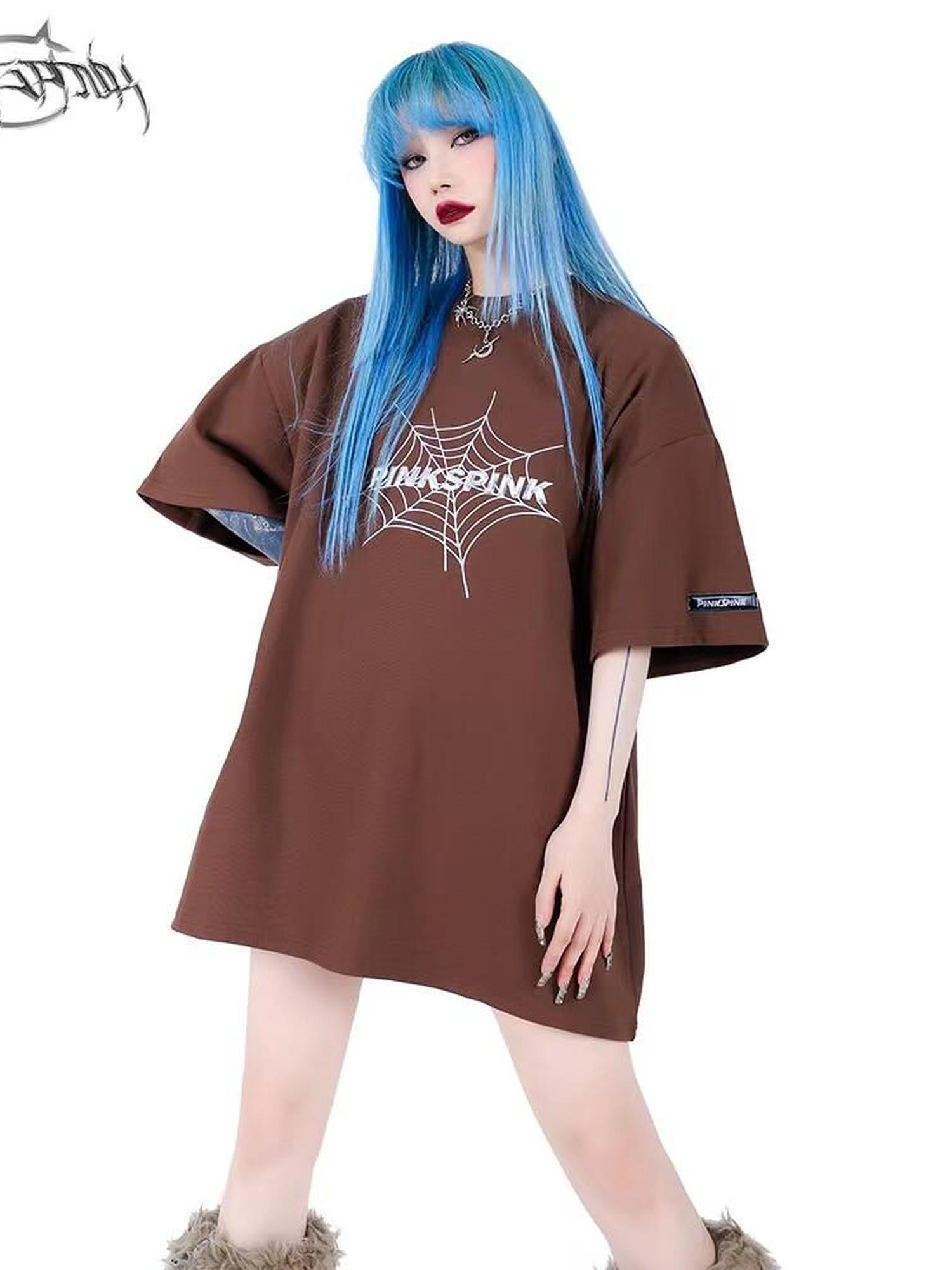 PINKSPINK 3d Spiderweb Text Print Street Hip Hop Women's Oversized T-shirts