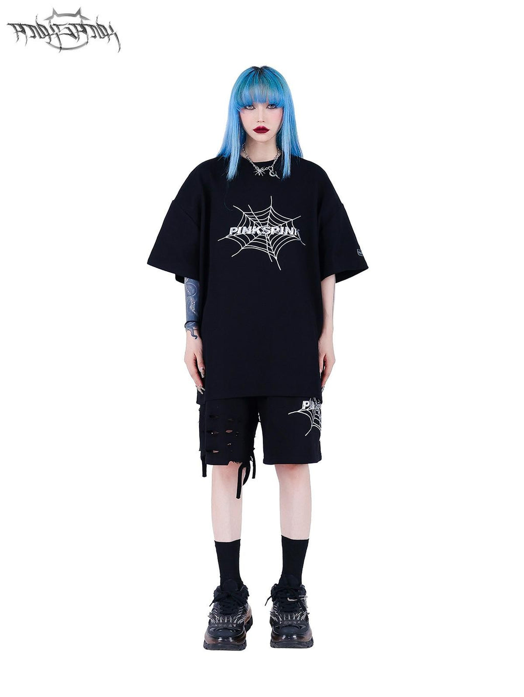 PINKSPINK 3d Spiderweb Text Print Street Hip Hop Women's Oversized T-shirts